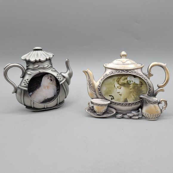 Teapot Shaped Miniature Photo Frames Victorian Style Design Metal Set of 2 - Picture 1 of 4